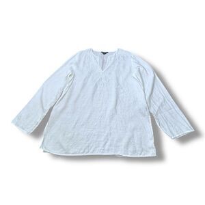 Lauren Ralph Lauren Linen Long Sleeve Embroidered Tunic Popover Shirt White Sz L